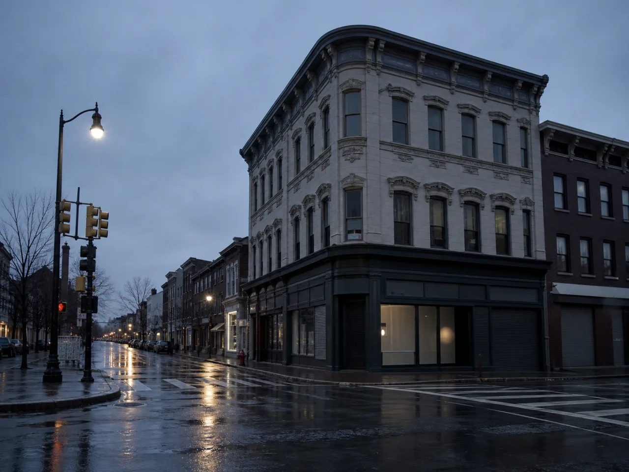Rainy storefront before an AI image change