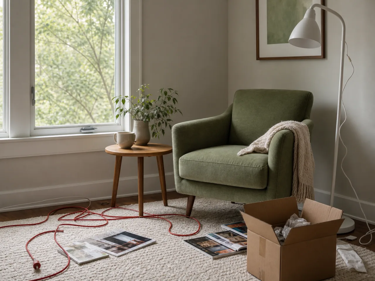 Before: A cluttered reading nook cleaned with AI object removal